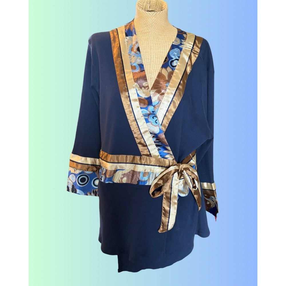 Antthony Originals Kimono Wrap Cardigan Navy Blue Satin Lined One Size Funky Fun